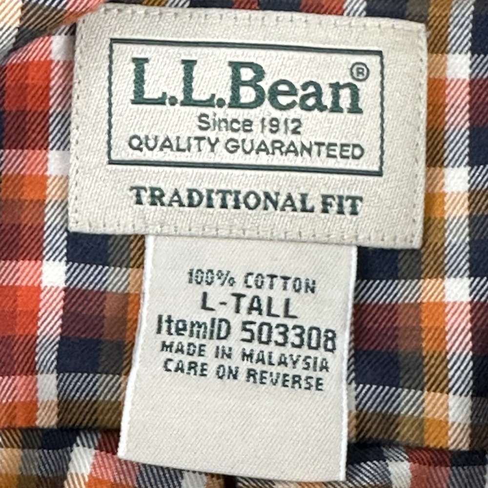 LL‎ Bean Plaid Sport Shirt Men Large TALL LT Black Orange Cotton Traditional Fit - Picture 5 of 10